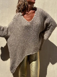 Contrast V-Neck Long Sleeve Sweater Trendsi