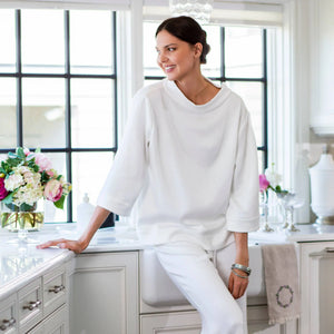 3/4 Sleeve Sweater Lounge Wear White Merino Wool Knit Top Luna Crown Linen Designs