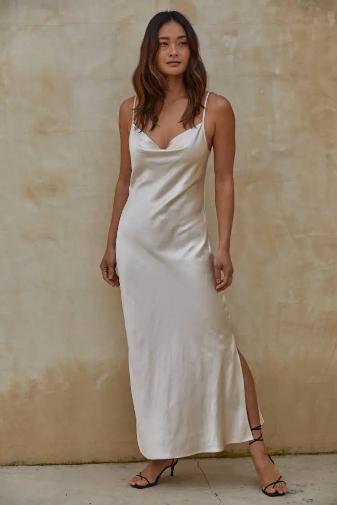 Date Night DRESS: Silk Slip Dress White Sand Million Dollar Style