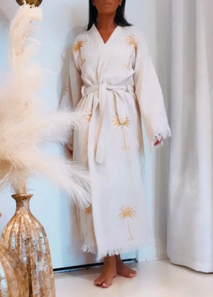 Woman’s Organic Palm Beach Kimono in Natural with Gold Print Robe Duster Million Dollar Style