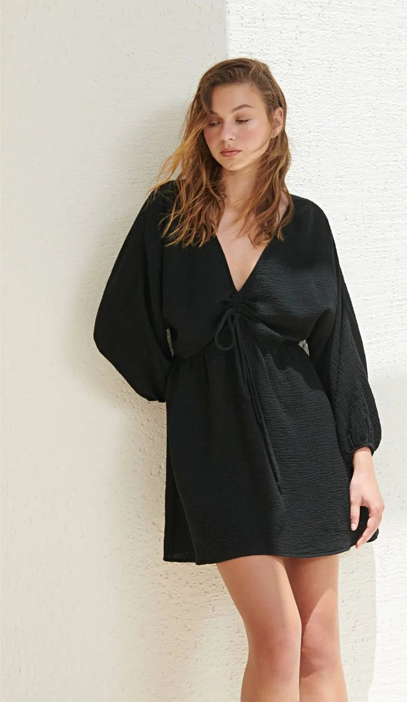 The Handloom Gaia Drawstring Mini Dress - Black The Handloom
