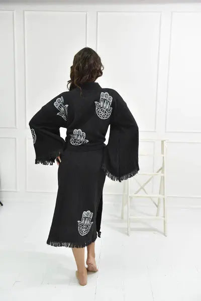 One Size Woman’s Organic Hamsa Hand Robe Kimono in Black