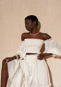 White Dress Outfit Set resort outfit skirt and puff sleeve top