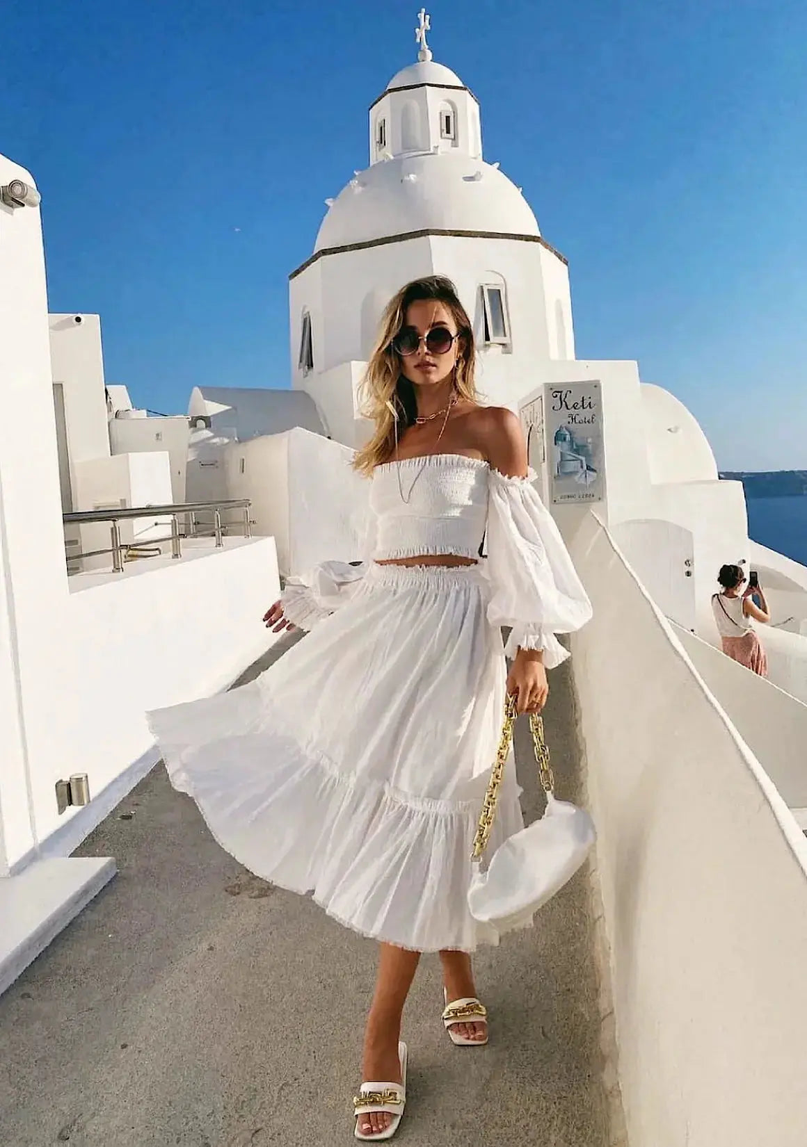 open lace back dress White Dress Outfit Set Resort Outfit Skirt and Puff Sleeve Top -