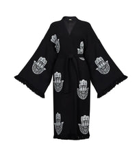 One Size Woman’s Organic Hamsa Hand Robe Kimono in Black